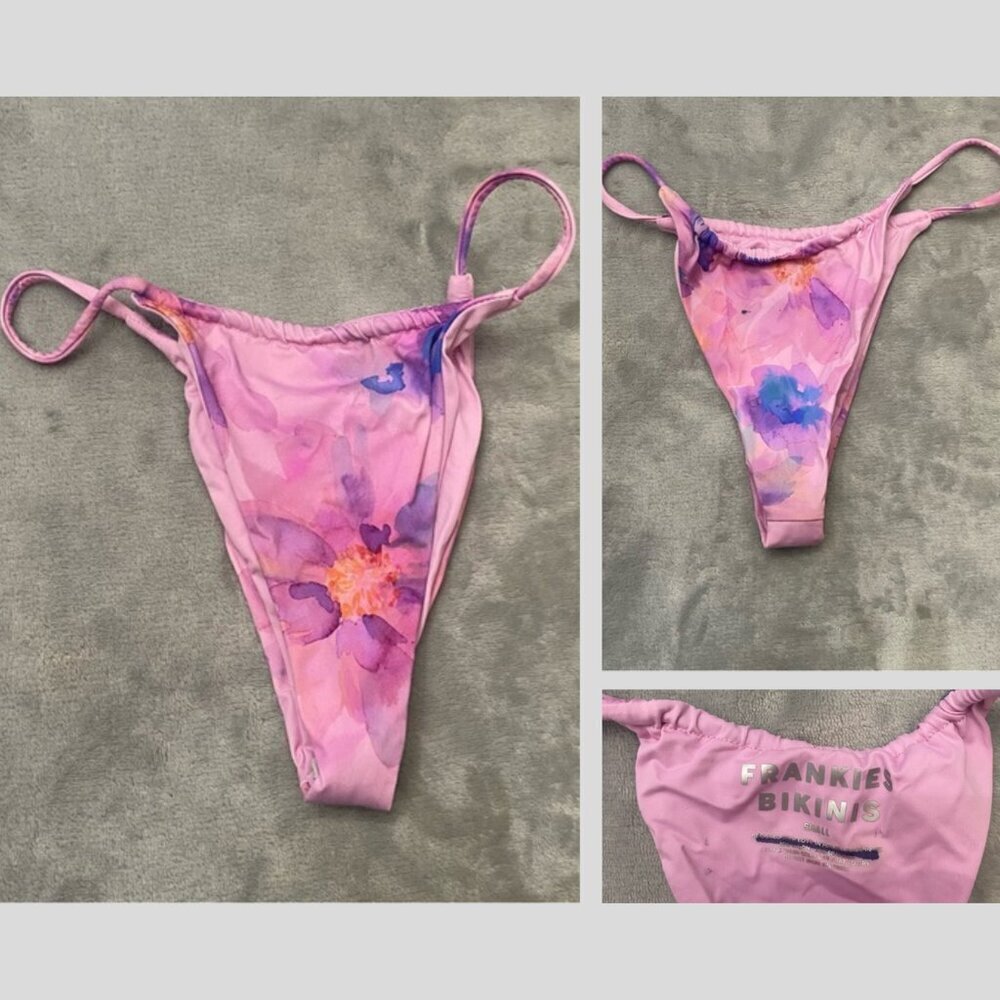 New! Frankie's Bikinis Pink Purple Floral Thin Side Straps Bikini Bottom 3005